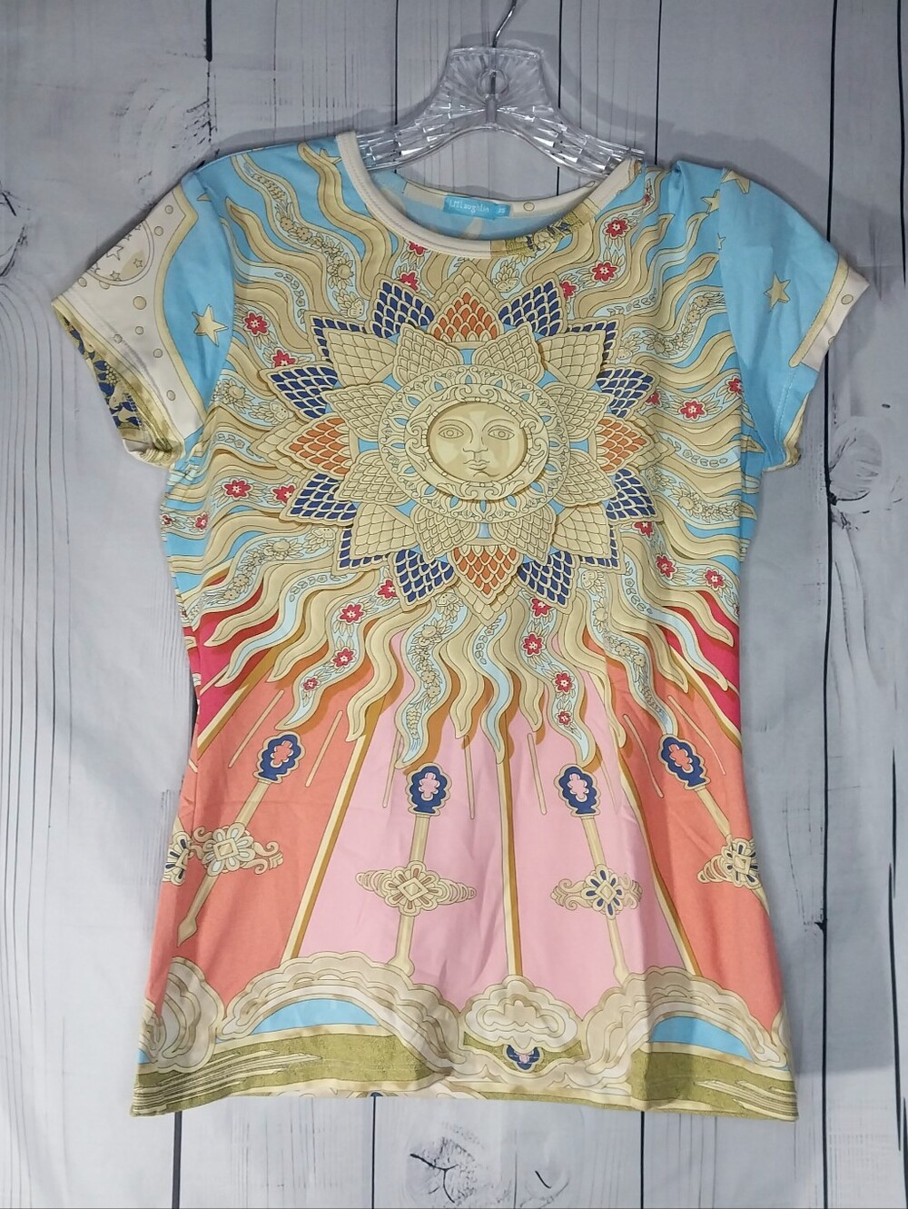 J. McLaughlin Celestial Sun-Print Short-Sleeve 90’s BohoChic Psychedelic Top